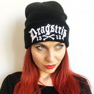 Dragstrip Kustom white on Black 3d embroidery 13 N Bones Beanie Hat